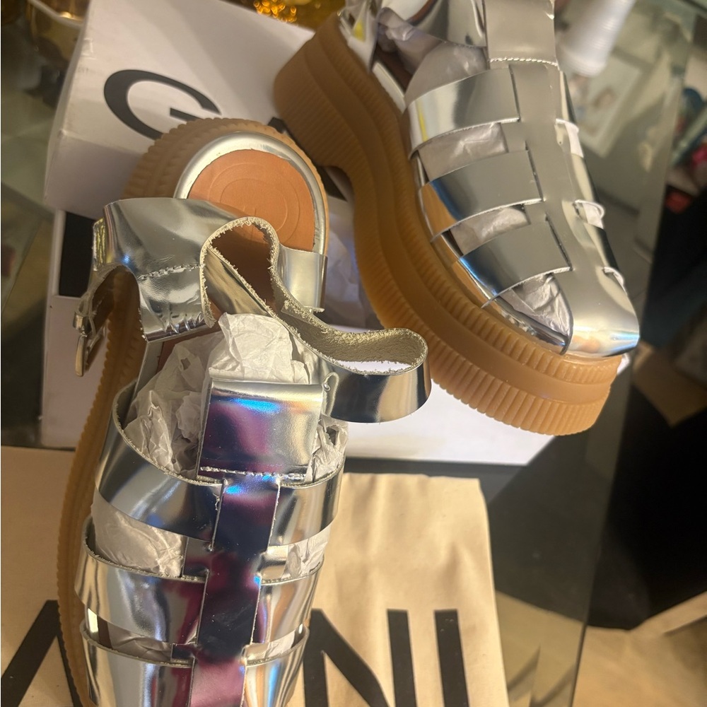 Ganni Silver Strappy Sandals new in the box sz 10 - Picture 8 of 14